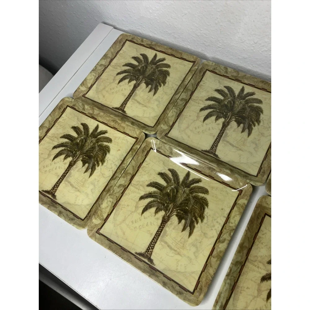 VTG Tropical Palm Tree Square Plates Set Of 8 Chad Barrett Art Melamine 6 Inch